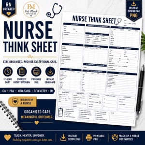 Puede incluir: Una hoja de seguimiento de enfermería blanca con encabezados azul oscuro y secciones organizadas para información del paciente, evaluación, goteos, líneas, ventilación, laboratorios, medicamentos y planes de cuidado, con un bolígrafo negro.