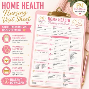 Puede incluir: Un portapapeles rosa que sostiene una hoja de visita de enfermería de salud en el hogar con secciones para información del paciente, detalles de la visita, evaluación, signos vitales y coordinación de cuidados, con texto e iconos rosas.