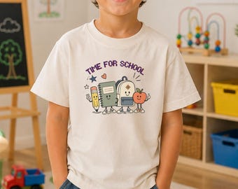 Schul-T-Shirt | Lächelnder Bleistift, Notizbuch, Apfel-Motive