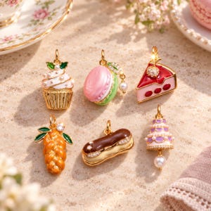 Könnte beinhalten: Sechs Anhänger aus goldfarbenem Metall in Form von Desserts, darunter ein Cupcake mit weißem Zuckerguss, eine rosa Macaron, ein rotes Tortenstück, ein geflochtenes Gebäck, ein Schoko-Eclair und eine Torte, verziert mit kleinen weißen Perlen und Kristallen.
