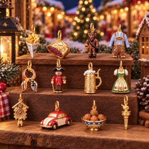 May include: A collection of eleven gold-toned metal charms featuring various designs including a paper cone of fries, a nutcracker, a Krampus figure, a beer stein, a cuckoo clock, a red and white car, a bowl of meatballs, and traditional clothing.
