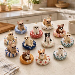 May include: A collection of twelve small ceramic dog figurines, each wearing sunglasses and resting inside a colorful patterned pool float. Each figurine features a gold-toned metal loop at the top for hanging, showcasing various dog breeds including poodles, corgis, and bulldogs in diverse poses.