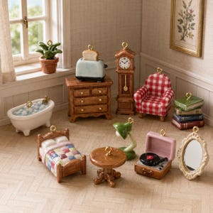 May include: A collection of miniature ceramic ornaments including a white bathtub, a wooden dresser with a toaster, a grandfather clock, a red and white chequered armchair, a stack of books, a bed, a table, a green lamp, a record player, and a mirror.