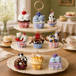 Könnte beinhalten: Ein dreistöckiger, cremefarbener Servierständer mit neun Keramikornamenten im Katzendesign. Jedes Ornament zeigt eine Katze auf einem Dessert, darunter Cupcakes, ein Donut und eine Geschenkbox, jeweils mit einer kleinen goldenen Aufhängung.