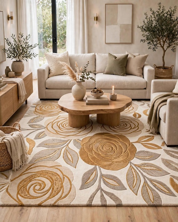 Floral Rose Hand Tufted Wool Rug, 100% New Zealand Wool Area Rug, Beige Gold Botanical Flower Carpet, 8mm Pile, Rubber Cotton Backing