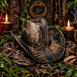May include: A cowboy hat featuring a textured, metallic gold and black snakeskin pattern. The hat has a structured crown and a wide, curved brim. The surface of the hat displays a detailed, repeating scale design throughout the entire exterior.