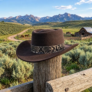 Handgjord ullfilt cowboyhatt brun vintage western fedora ormskinnsband rancherhatt