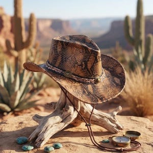 May include: A cowboy hat with a brown and black snakeskin pattern, featuring a braided band with metallic accents and a chin cord. The hat is displayed on a piece of driftwood, accompanied by small turquoise stones and a round brass compass.