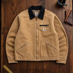 May include: A tan canvas jacket with a black corduroy collar, a full-length front zipper, and two slanted lower pockets. It features a zippered chest pocket and a Carhartt brand patch on the left chest. The jacket has long sleeves and a straight hem.