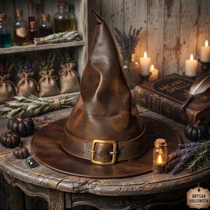 May include: A brown leather witch hat with a wide brim and a tall, pointed crown featuring a dark brown leather band and a large, rectangular brass-coloured buckle. The hat is positioned on a wooden surface alongside small pumpkins and a candle.