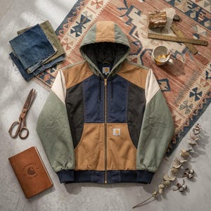 May include: A color-blocked hooded jacket featuring panels of tan, navy blue, olive green, and cream. The jacket has a front zipper closure, a quilted interior lining, and a Carhartt brand label on the lower front pocket area.