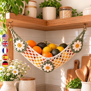 Crochet Fruit Hammock Pattern PDF, Daisy Hanging Fruit Basket, Cottagecore Kitchen Storage, Floral Produce Net