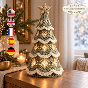 May include: A conical crochet Christmas tree decoration in sage green and cream yarn with a star topper. The tree features an openwork lace pattern with scalloped edges and internal warm lighting. The text CozyLooppatternsHub is visible.