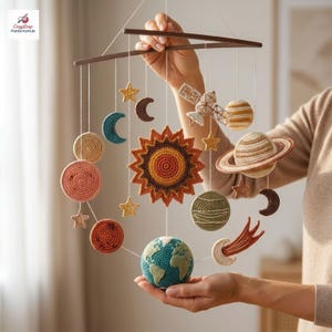 May include: A crochet solar system mobile featuring a central sun, Earth, Saturn with rings, various planets, stars, a crescent moon, and a satellite suspended from a dark wooden frame. The planets and celestial bodies are crafted in shades of orange, blue, green, brown, and cream yarn, creating a detailed hanging display of the solar system.