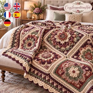 May include: A crochet blanket featuring a repeating square pattern with intricate floral motifs in shades of cream, sage green, and deep burgundy. The blanket has a scalloped edge and is draped over a bed, with the text CozyLooppatternsHub visible.