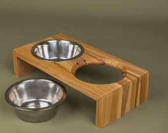 Raised dog bowl stand with 2 stainless steel bowls, wooden feeder for small and medium dogs, modern elevated pet dining station, anti-slip