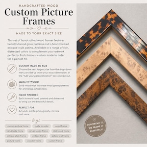 May include: Three corner sections of custom picture frames made of wood. The top frame has a dark brown and black tortoiseshell pattern. The middle frame is a light tan with a speckled wood grain. The bottom frame is a dark brown burl wood.