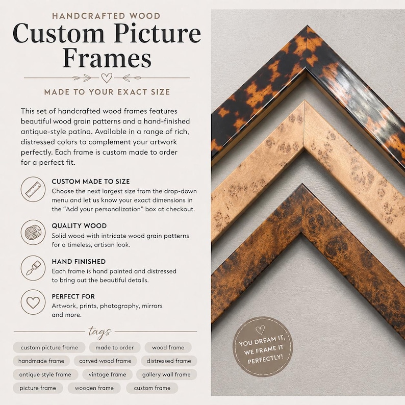 May include: Three corner sections of custom picture frames made of wood. The top frame has a dark brown and black tortoiseshell pattern. The middle frame is a light tan with a speckled wood grain. The bottom frame is a dark brown burl wood.