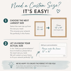 May include: An instructional graphic titled Need a Custom Size? IT'S EASY! with two steps. Step 1 shows two wooden frames with text 12" x 16" and 13" x 19". Step 2 shows a personalisation box with text Please make the frame 12" x 16".