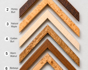 May include: Six V-shaped wooden picture frame corner samples arranged vertically. Labels include 1 Dark Walnut Burl, 2 Honey Burl, 3 Natural Maple, 4 Golden Burl, 5 Warm Walnut, and 6 Birdseye Burl, showcasing distinct wood grain patterns.
