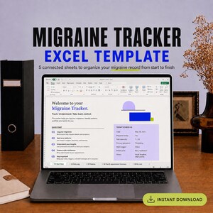 Könnte beinhalten: Ein Laptop-Bildschirm zeigt eine Excel-Vorlage zur Migräne-Verfolgung mit fünf verbundenen Tabellenblättern. Die Benutzeroberfläche enthält eine Willkommensseite, eine Kurzanleitung und einen täglichen Check-in-Bereich mit Feldern für Datum und Symptome.