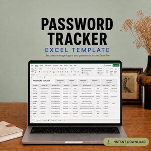 Może przedstawiać: Laptop wyświetlający szablon Excel do śledzenia haseł z kolumnami na konto, stronę internetową, nazwę użytkownika, hasło, kategorię, pytanie zabezpieczające, odpowiedź, datę wygaśnięcia i notatki. Ekran zawiera tekst PASSWORD TRACKER.