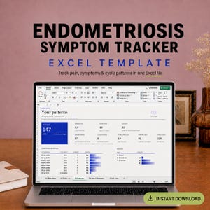 Può includere: Uno schermo di computer portatile che mostra un modello Excel per il monitoraggio dei sintomi dell'endometriosi. L'interfaccia presenta tabelle di dati, grafici e metriche per tracciare il dolore e i cicli. Il testo recita Endometriosis Symptom Tracker Excel Template.