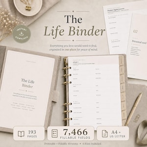 Könnte beinhalten: Ein beigefarbener Ringordner mit dem Titel The Life Binder, 193 Seiten und 7.466 ausfüllbaren Feldern. Der geöffnete Ordner zeigt ein Formular für persönliche Daten mit Registern für medizinische, finanzielle, häusliche und digitale Bereiche.