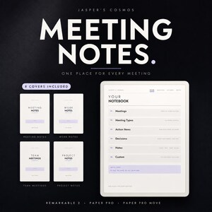 Könnte beinhalten: Eine digitale Planervorlage für Remarkable 2, Paper Pro und Paper Pro Move. Das Display zeigt eine Notizbuchoberfläche mit Abschnitten für Meetings, Aufgaben und Entscheidungen. Enthält acht Cover-Designs mit der Aufschrift Meeting Notes und Work Notes.