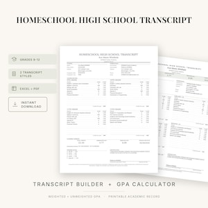 Könnte beinhalten: Eine digitale Vorlage für ein Homeschool-Highschool-Zeugnis mit Abschnitten für Schülerinformationen, Kursaufzeichnungen für die Klassen 9 bis 12, eine akademische Zusammenfassung, Notendurchschnittsberechnungen und einen Zertifizierungsbereich.