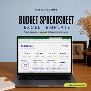 Könnte beinhalten: Ein Laptop-Bildschirm zeigt eine Jasper's Cosmos Budget-Tabellenkalkulations-Excel-Vorlage. Die Benutzeroberfläche zeigt ein Budget Hub-Dashboard mit Finanzdaten, einschließlich verfügbarer Barmittel, Einkommen und Ausgaben in Euro für August 2026.