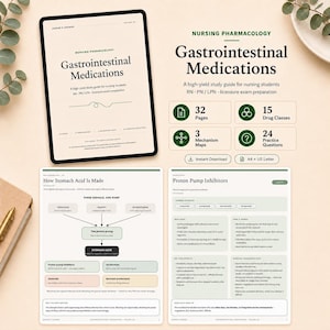 Könnte beinhalten: Ein digitaler Lernleitfaden für Krankenpflege-Pharmakologie mit dem Titel Gastrointestinal Medications, der 32 Seiten, 15 Medikamentenklassen, 3 Wirkmechanismus-Karten und 24 Übungsfragen enthält, inklusive Diagrammen zur Magensäureproduktion.