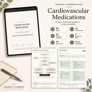 Könnte beinhalten: Ein digitaler Lernleitfaden für Krankenpflegepharmakologie mit dem Titel Cardiovascular Medications, angezeigt auf einem Tablet und gedruckten Seiten. Der Leitfaden enthält 30 Seiten, 15 Wirkstoffklassen, 24 Übungsfragen und 3 Wirkmechanismus-Karten.