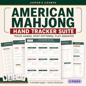 Puede incluir: Un conjunto de seguimiento de manos para Mahjong americano con cinco páginas imprimibles que incluyen secciones para registrar manos, patrones y práctica. El diseño presenta texto en verde oscuro y rojo, con cinco fichas de Mahjong abajo.