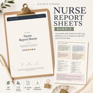 May include: A clipboard holding a Nurse Report Sheets bundle with 14 printable shift sheets for med-surg, telemetry, ICU, emergency, and long-term care. Includes an instruction sheet, a pen, and icons for 14 sheets, 1-5 patients, US letter, and instant download.