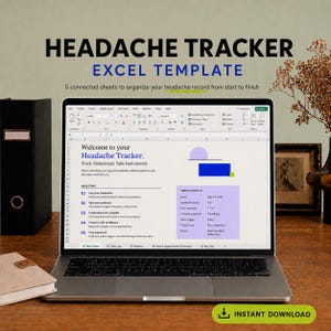 Könnte beinhalten: Ein Laptop-Bildschirm zeigt eine Excel-Vorlage zur Kopfschmerzverfolgung mit fünf verbundenen Tabellenblättern. Die Benutzeroberfläche enthält einen Begrüßungsbereich, eine Kurzanleitung und einen Bereich für tägliche Check-ins.