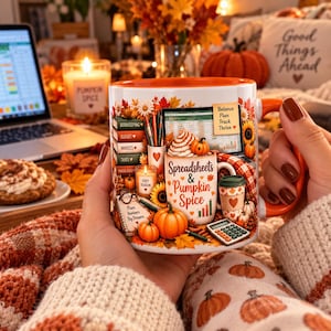 Puede incluir: Una taza de cerámica blanca con interior y asa de color naranja, con un gráfico otoñal colorido. El diseño incluye calabazas, hojas de otoño, un portátil, libros etiquetados como Bookkeeping, Budget, Invoices, Taxes y el texto Spreadsheets & Pumpkin Spice.