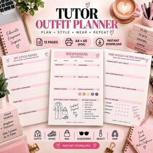 Könnte beinhalten: Ein digitales Planer-Set für Tutor-Outfits mit rosa und weißen Seiten, das Abschnitte für Stilnotizen, tägliche Outfit-Planung und wöchentliche Rückblicke enthält, inklusive Texten wie Tutor Outfit Planner und My Style Notes.
