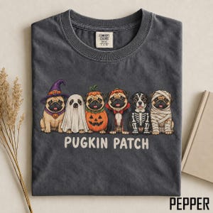 Pugkin Patch Comfort Colors® Halloween Shirt, Cute Pug Costume Tee, Dog Mom Fall Shirt, Funny Pet Lover Gift, Spooky Pug Owner Tee
