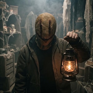 May include: A figure wearing a tan hessian mask with stitched eye and mouth details, dressed in a distressed olive green hooded jacket, holding a lit metal lantern that emits a warm glow in a dark, cluttered environment with hanging fabric.
