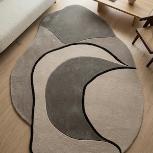 Abstract Tufted Rug, Neutral Beige Brown Area Rug, Modern Organic Shape Carpet, Minimalist Handmade Rug, Contemporary Home Decor