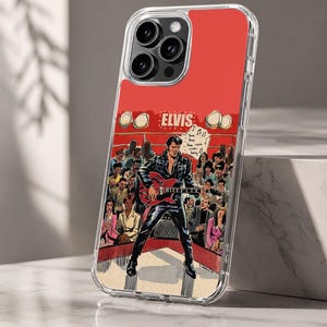 Funda para teléfono de Elvis Presley con diseño de cómic de escenario y multitud en cuero negro, funda transparente estilo rock and roll retro para iPhone, Samsung, Pixel
