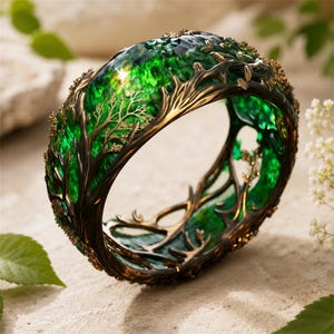Puede incluir: Una pulsera ancha con una banda de resina verde vibrante y translúcida, encerrada en un marco metálico oscuro con forma de intrincadas ramas de árbol y ramitas. El revestimiento metálico envuelve el material verde, creando una textura.