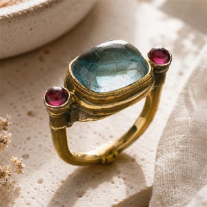 Puede incluir: Un anillo de tono dorado que presenta una gran piedra preciosa rectangular de color azul claro en cabujón en el centro, flanqueada por dos piedras más pequeñas, redondas y de color rojo oscuro a cada lado, sobre una banda de metal pulido.