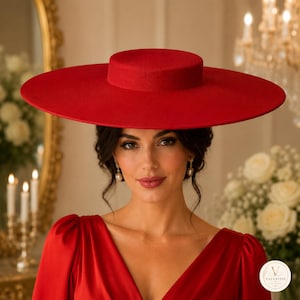 Red Wide Brim Hat for Women, Elegant Wedding Guest & Kentucky Derby Hat