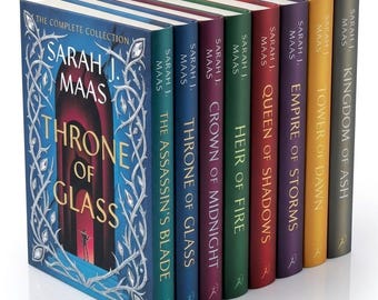 May include: A complete collection of eight hardcover books by Sarah J. Maas, titled Throne of Glass, The Assassin's Blade, Crown of Midnight, Heir of Fire, Queen of Shadows, Empire of Storms, Tower of Dawn, and Kingdom of Ash, with colorful spines.