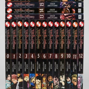 May include: A collection of eighteen Jujutsu Kaisen manga volumes arranged in two rows. The spines feature the series title, volume numbers from 0 to 17, the author Gege Akutami, and colorful character illustrations against a black background.