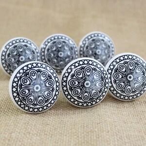 Handcrafted Ceramic Cabinet Knobs, White Black Mandala Drawer Pulls, Round 1.5 Inch Furniture Knobs, Kitchen Cupboard Dresser Hardware