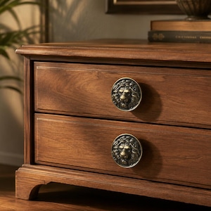 May include: A wooden chest of drawers featuring two horizontal drawers, each equipped with a circular, metallic lion head knob. The wood has a medium-brown finish with visible grain patterns, and the lion knobs are detailed with dark, antique-style accents.