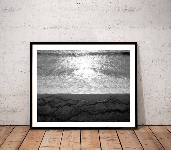 black and white minimal photography, beach art print, aerial beach photo, coastal home decor, minimal nature photograph "Above the Beach"